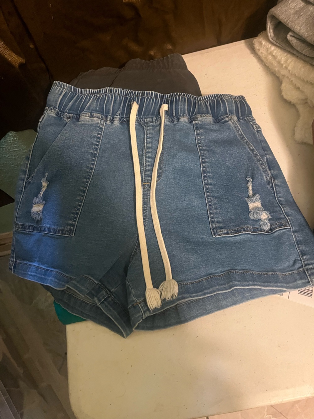 white birch Blue Denim Drawstring Patch Pocket Shorts